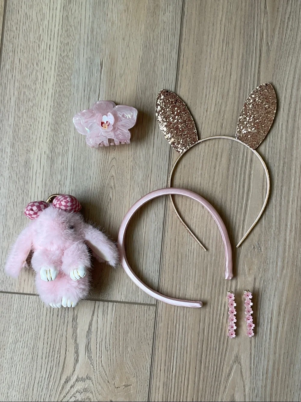 Set of Headbands, Hair Clips and Bunny Bag Charm Soft Girl Coquette Pink Kawaii